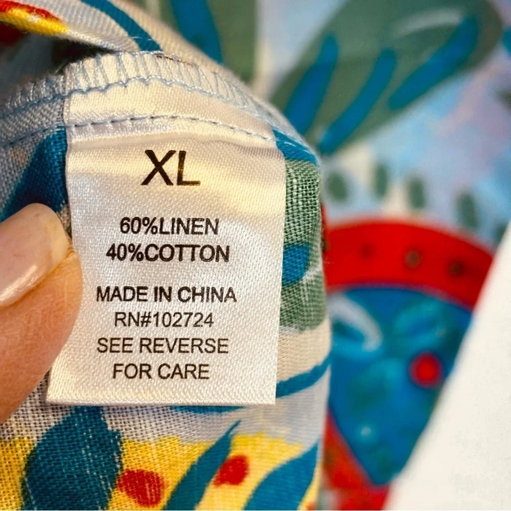 Hester & Orchard Cotton Linen Blend Blue Print 3/4 Sleeve V Neck women’s Size XL - Picture 10 of 10